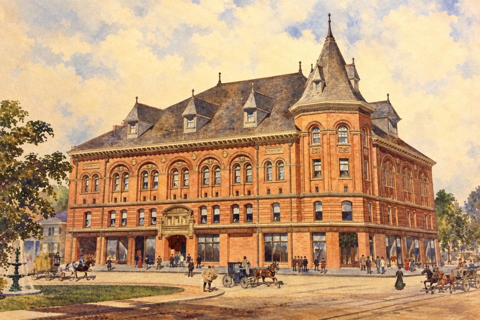 Period watercolor of the Masonic Building, Newtonville: a four-story red brick block with corner tower and slate roofs, horse-drawn carriages in the street below.